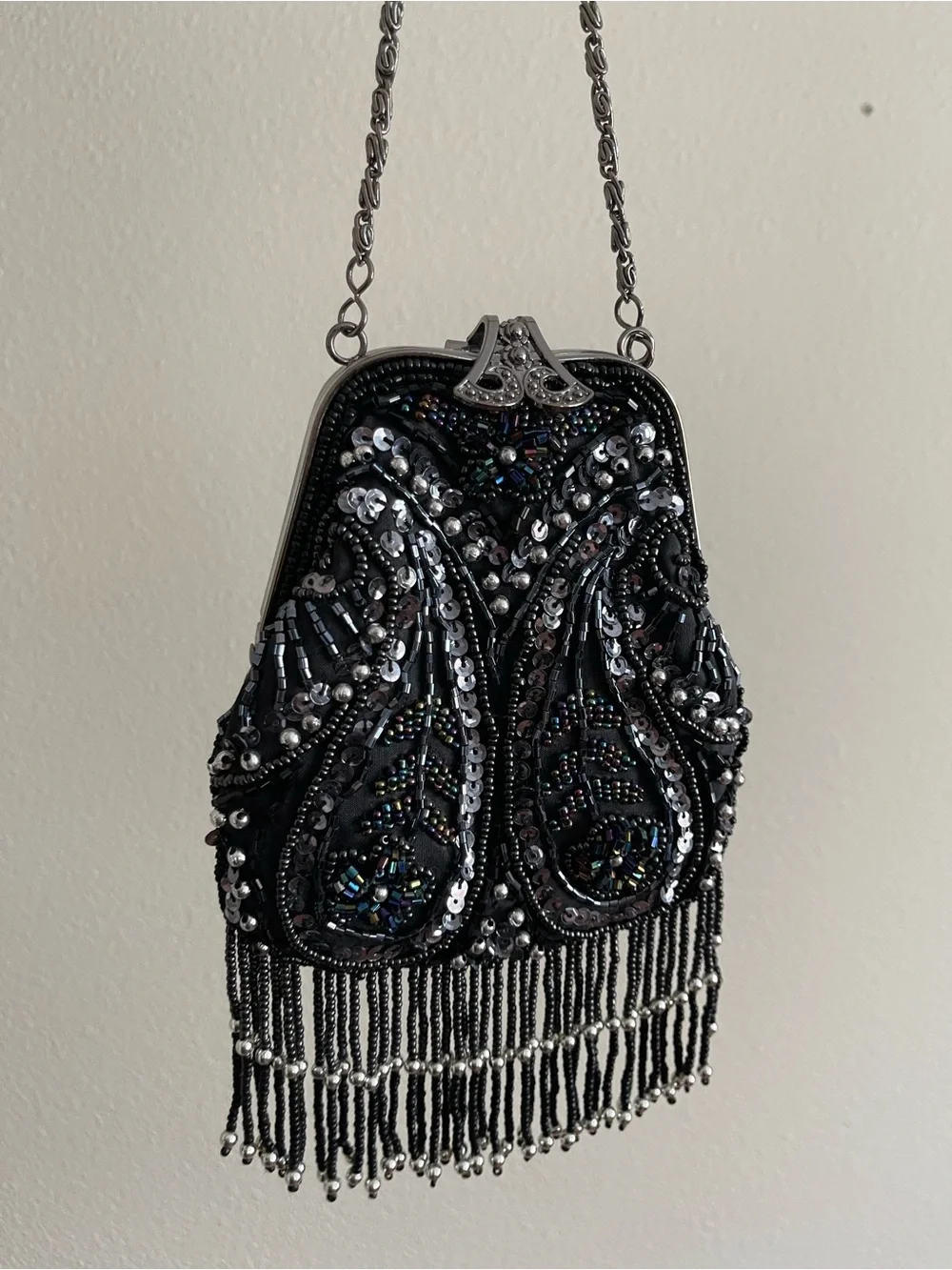 Jessica McClintock Black Beaded Fringe Evening Wristlet